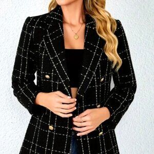 ✨NEW✨Women's Elegant Plaid Double Breasted Blazer - Black/Gold - L